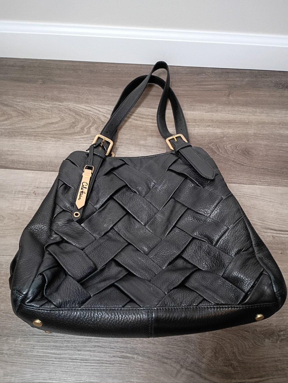 Cole Haan Classic Black Woven Genuine Leather Hobo Satchel Shoulder Handbag